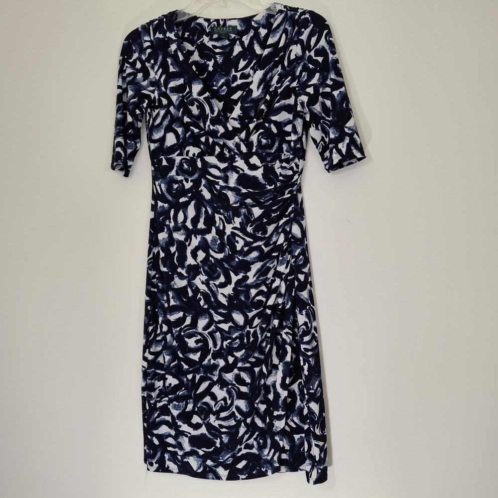 Lauren Ralph Lauren Navy & White Abstract Print Faux-Wrap Midi Dress, Size 4